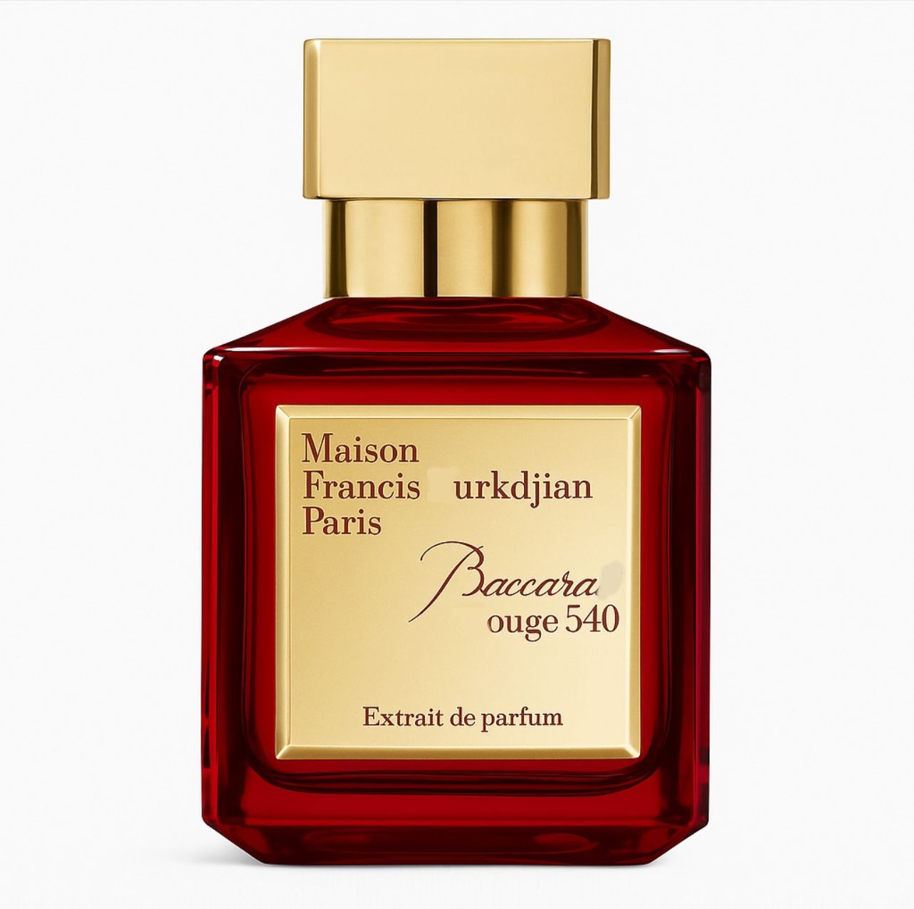 Red perfume bottle with gold cap featuring Maison Francis Kurkdjian branding on a white background