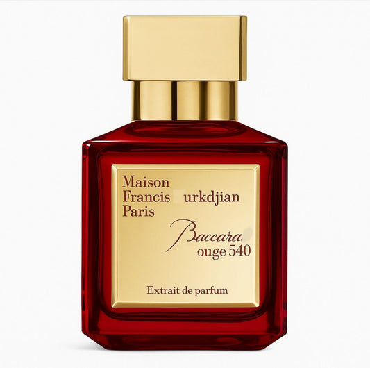 Red perfume bottle with gold cap featuring Maison Francis Kurkdjian branding on a white background