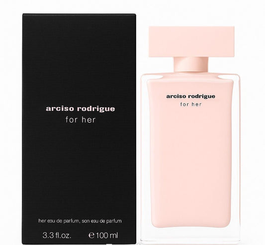 A sleek 100ml bottle of Narciso Rodriguez For Her Eau de Parfum in pale pink with a matching cap, placed beside its elegant black box packaging.